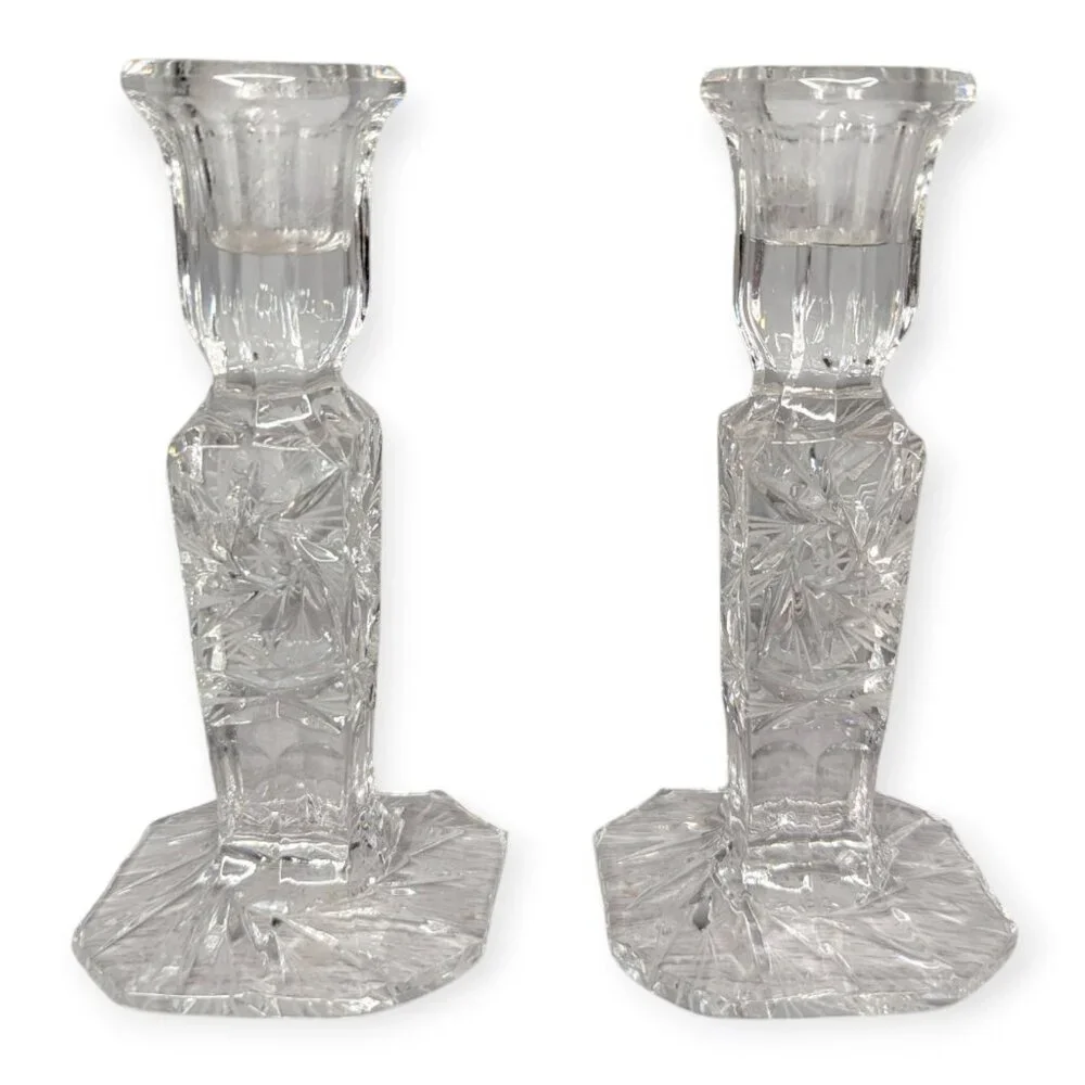 Vintage Pair Set Cut Lead Crystal Candle Stick Holders Pinwheel Pattern 6